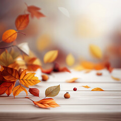 Wooden table with autumn leaves, blurry background, Generative AI