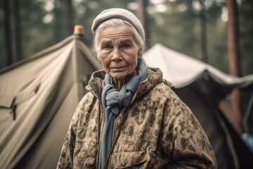 Obraz premium Old lady posing in front of a tent in a northern forest. Generative AI