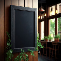 Vertical blackboard on the wall of cafe, Generative AI