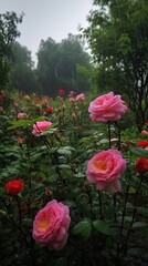 Raindrops bloom with a large number of colorful roses, Sea of roses, tree-lined, Very pretty - generative ai