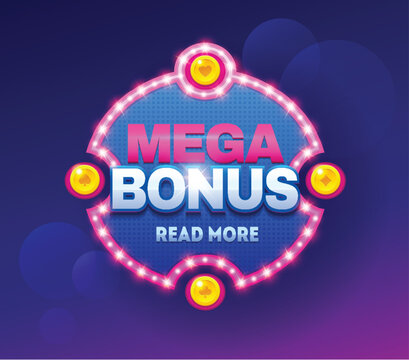 Retro sign with lamp Mega Bonus banner. Vector illustration design with poker, slot machines, playing cards, slots and roulette.