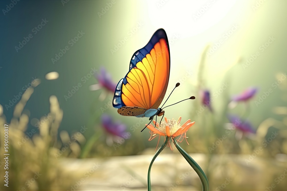 Poster 3D cartoon delicate butterfly perches on a flower. Its wings flapping gently in the breeze. Generative AI