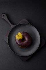 Delicious donut with cream filling and nuts on a dark concrete background