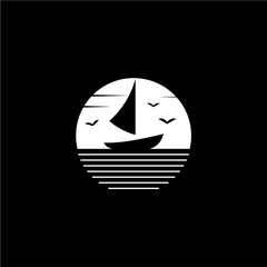 sailing ship icon logo in the middle of the ocean and the moon
