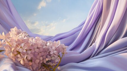 Flowery violet and purple silk banner against a blue summer sky. Created with Generative AI.