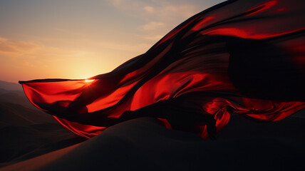 Luxurious red silk banner against a sunset. Created with Generative AI.