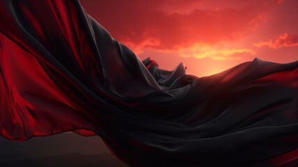 Red and dark silk banner in a sunset. Created with Generative AI.