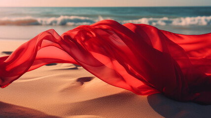 Elegant red banner on a beach during sunset. Created with Generative AI.
