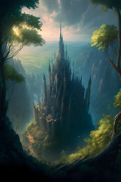looking down on an fantasy medieval lothlorien realm overgrown by massive giant enormous ancient trees in the distance that grow into the sky magical blue hour lothlorien castle eltz natural 