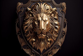 A golden lion head displayed in ornamental shield against black background. Generative AI