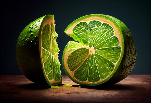 A Lime Cut In Half, Displaying Its Bright Green Interior. Generative AI