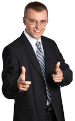Happy Businessman Making Pistols with his Fingers - Isolated