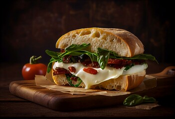 Grilled Italian sandwich with mozzarella, arugula and sundried tomatoes. Generative AI - obrazy, fototapety, plakaty