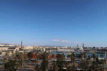 Skyline of Barcelona seen from a boat in the harbor