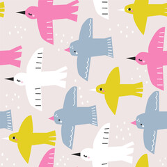 Seamless pattern with cute birds. Childish print. Vector hand drawn illustration. - 590107629