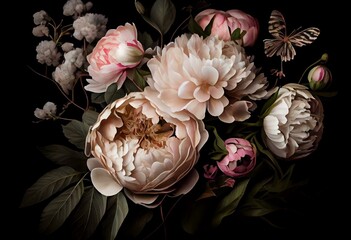 Exquisite baroque-victorian bouquet of pink-and-white peonies and roses; featuring beautiful garden flowers with leaves and butterfly, on a black background. Generative AI - obrazy, fototapety, plakaty