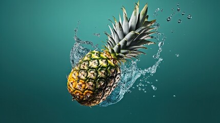 Hovering Pineapple Water Splash Effect Blue-Green Background Tropical Fruit Generative AI