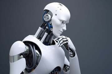 Modern AI Robot Thinking Pose Hand on Chin Intelligent Machine Generative AI