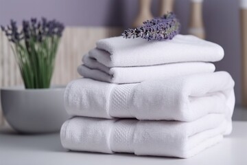 White clean towels stack on table in bathroom next to lavender flowers, generative ai image