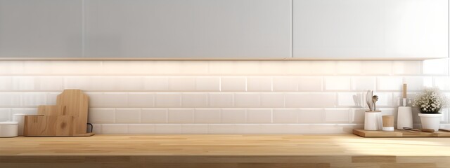 Fototapeta na wymiar Modern kitchen background, countertop with kitchen utensils and empty space, generative ai
