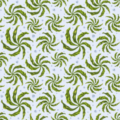 Seamless pattern with thickets of bright green seaweed and water bubbles. Background for textiles, fabrics, banners, wrapping paper, wallpaper and other designs