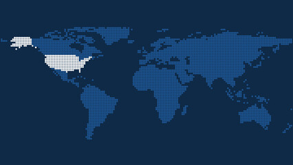 Dark Blue Pixel World Map with Marked North and South America Lands