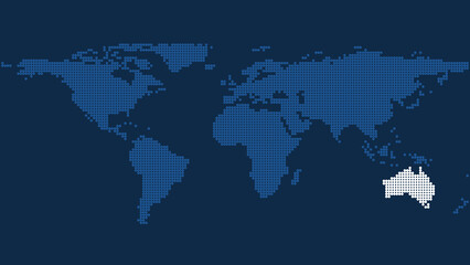 High-Resolution Dark Blue Pixel World Map with Detailed Australia Highlight