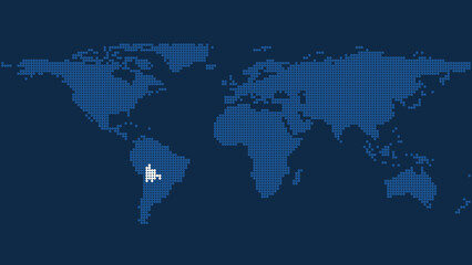 Fototapeta na wymiar Dark Blue Pixel World Map with Marked Bolivia Lands: Cartographic Geopolitical Representation