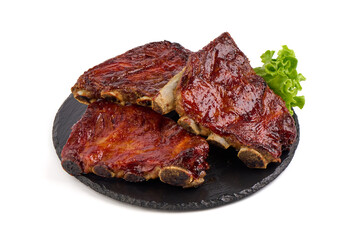 Delicious Grilled Ribs with bqb sauce, isolated on a white background. Close-up.