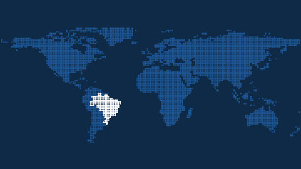 Fototapeta na wymiar Dark Blue Pixelated World Map with Brazil's Marked Geographic Position