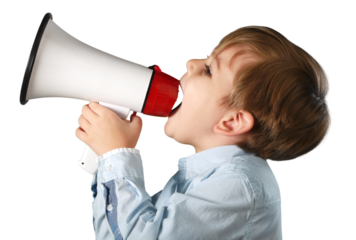 Kid shouting through big megaphone. Communication concept.