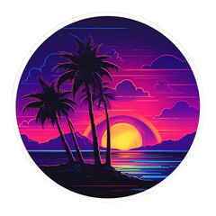 synthwave palm trees and sunset over the water sky illustration in circle motif