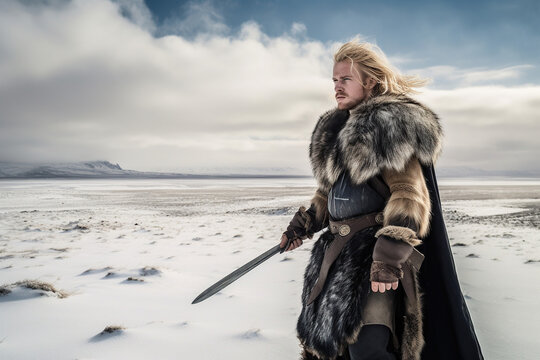 A blonde haired Viking warrior stands on a frozen tundra, holding a sword. The icy landscape contrasts his imposing figure as he looks at the vast frozen land. Generative AI.