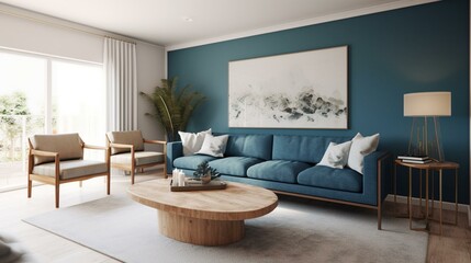 Fototapeta na wymiar A coastal-inspired Mid-century Modern living room with a blue suede sofa, a brass and driftwood coffee table, and beachy artwork, generative ai