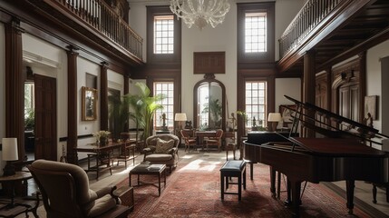 Fototapeta na wymiar A grand Colonial Living Room impresses with a mahogany grand piano, a rattan wingback chair, and soaring ceilings, generative ai