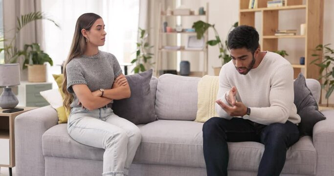 Couple fight, conflict and confrontation with talking, affair and infidelity with cheating, anger or home argument. People argue, angry and frustrated, risk of divorce with marriage problem or crisis