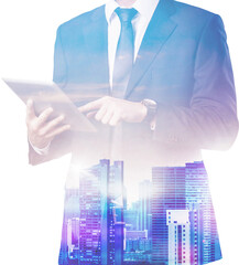 Businessman and tablet pc   on  background