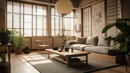 Plakat A Japanese styled Living Room with a light and airy feel, thanks to the use of rice paper textures and earthy greens, generative ai