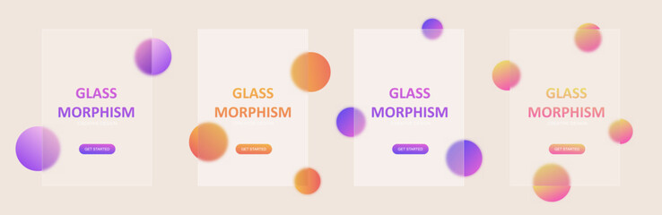 Business Poster set in the glass morphism style. Translucent, frosted glass and rounded shapes. Transparent frame in glass morphism or glassmorphism style. Vector illustration concept.