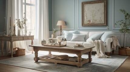 Fototapeta na wymiar A serene and soothing Living Room with calming pale blue walls, a distressed wooden coffee table, a white linen couch paired with Lace and Linen pillows, and a vintage-inspired rug, generative ai