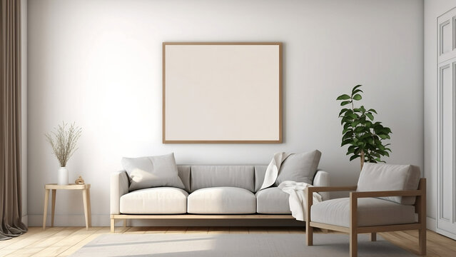 Poster Frame Mockup In Modern living room with sofa, Generative AI