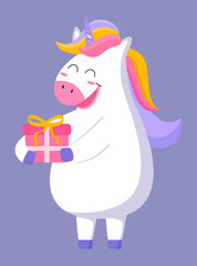 Naklejka premium Cute unicorn with birthday gift box