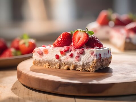 A piece of Yummy Strawberry Cheesecake on Wooden Background. Low Key Food Photo. Generative Ai