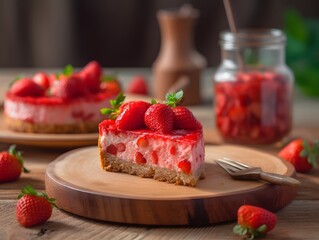 A piece of Yummy Strawberry Cheesecake on Wooden Background. Low Key Food Photo. Generative Ai