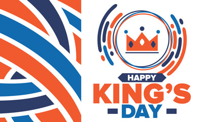 King’s Day in Netherlands. Koningsdag in Dutch. Nation’s cultural heritage and the celebrate birthday of His Majesty King. Dutch royal family. Netherlands flag. Orange colour or orange madness. Vector