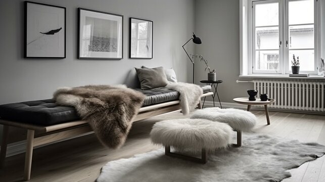 A minimalist Scandinavian Living Room with a faux fur cushioned bench and leather sofa, generative ai