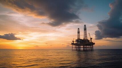 Fototapeta premium Offshore oil and rig platform in sunset or sunrise time. Drilling for gas and petroleum process in the sea or the ocean