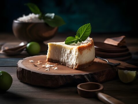 A piece of Yummy Bisquit Honey Cake on Wooden Background. Low Key Food Photo. Generative Ai