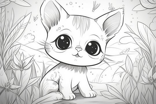 Coloring book page for kids. happy cute baby cat with Easter background. Generative AI.
