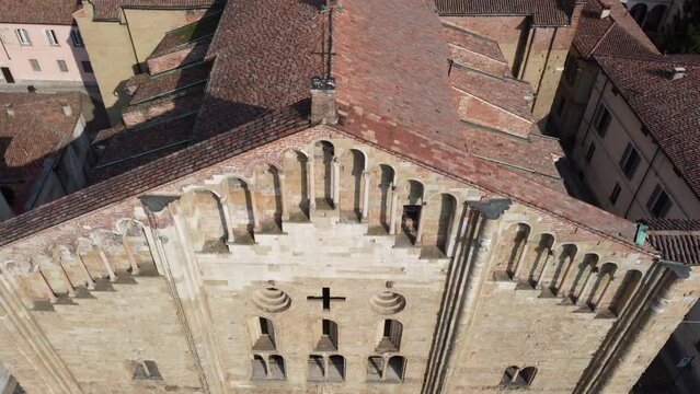 Drone view of the medieval city of Pavia in Italy : Saint Michael church (San Michele maggiore) by day